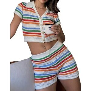 Hanmax Two‎ Piece Shorts Set Womens Medium Cream Rainbow Striped Crochet Knit